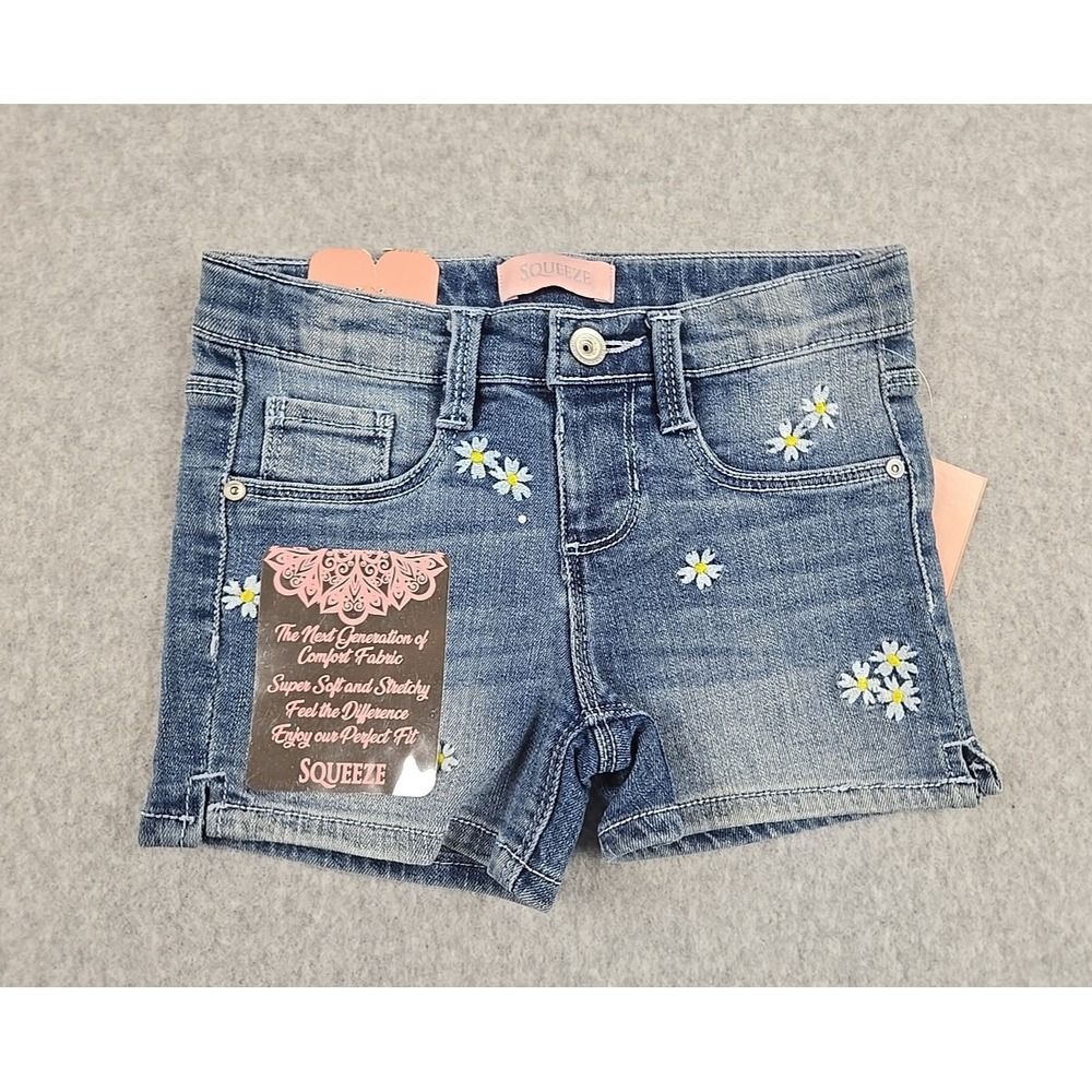 Squeeze Jean Shorts Girls Size 4 Mid Rise Denim Shortie Jeans Daisy Flower NWT
